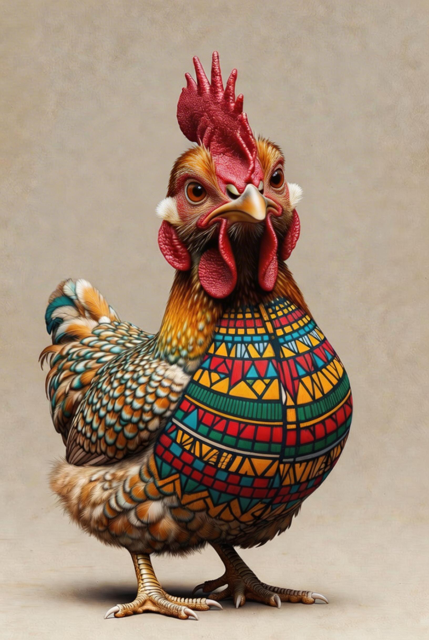Curious chicken in African print feathers